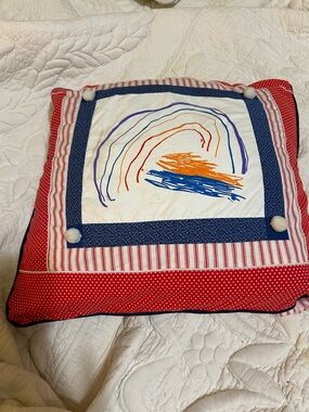 Handmade Rainbow silkscreen & Patchwork  Decorative Throw Pillow - Red, blue & w